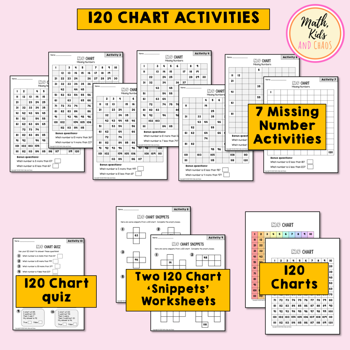 100 and 120 Chart: Missing Number Activities