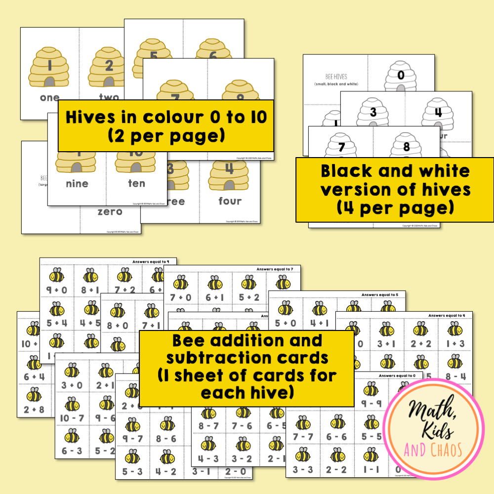 Bees and Hives Sorting Activity (Addition and Subtraction within 10)