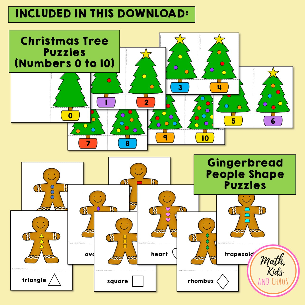 Christmas Puzzles (Numbers 0 to 10 and 2D Shapes)