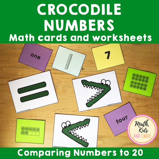 Crocodile numbers (comparing numbers to 20) - math cards and worksheets