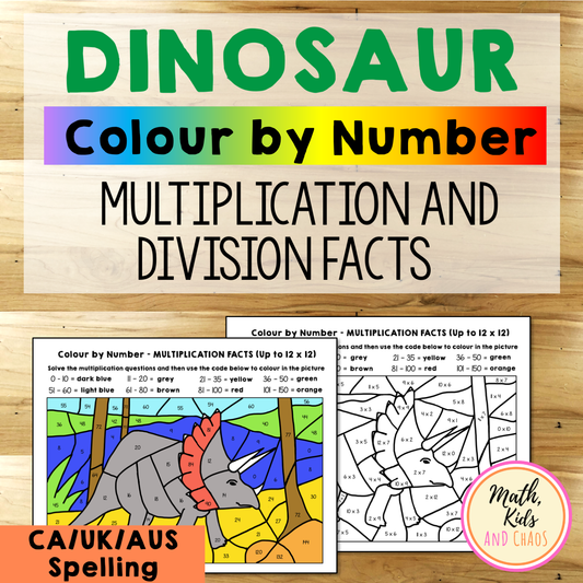 Dinosaur Colour-by-Number Worksheets: Multiplication and Division Facts (CANADIAN SPELLING VERSION)