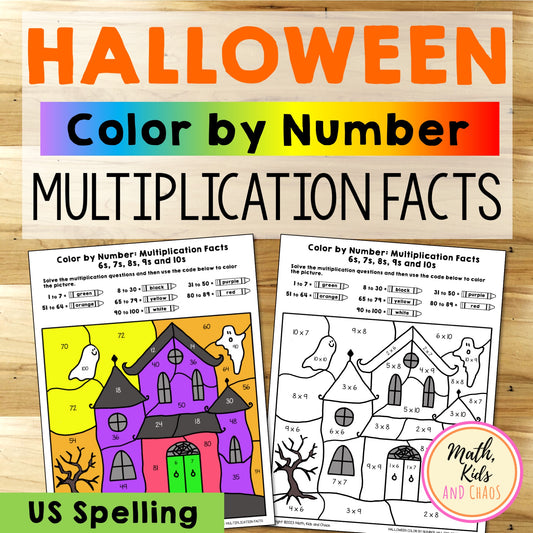 Halloween Color-by-Number Multiplication Facts Worksheets (US Spelling)