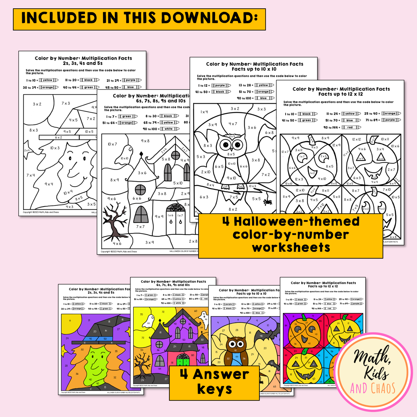 Halloween Color-by-Number Multiplication Facts Worksheets (US Spelling)