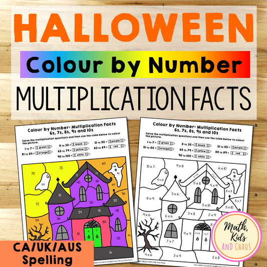 Halloween Colour-by-Number Multiplication Facts Worksheets (Canada/Australia/UK Spelling)