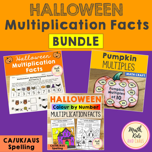 Halloween Multiplication Facts BUNDLE (CA/AUS/UK spelling)