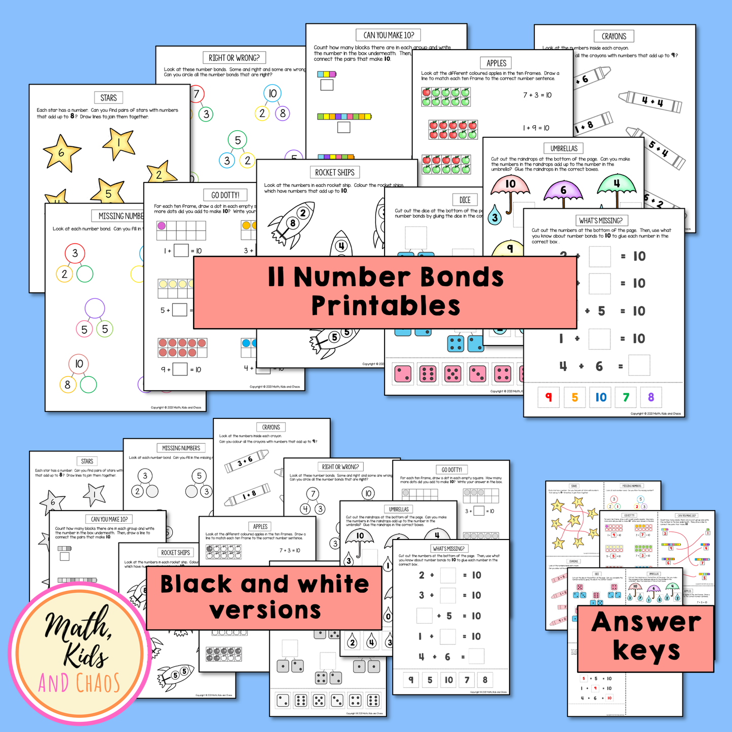 Number Bonds Printables (numbers to 10) CAN/AUS/UK Spelling