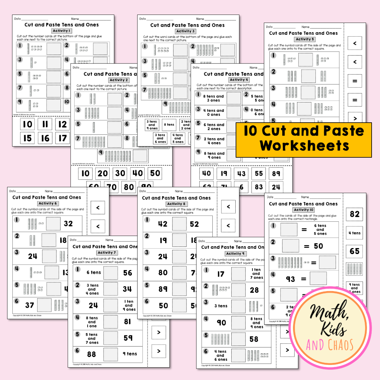 Place Value Cut and Paste Workseets (TENS and ONES)