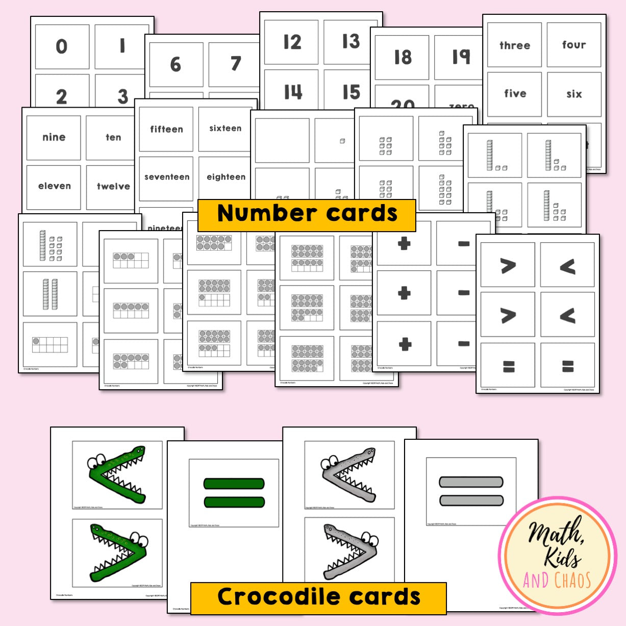 Crocodile numbers (comparing numbers to 20) - math cards and worksheets