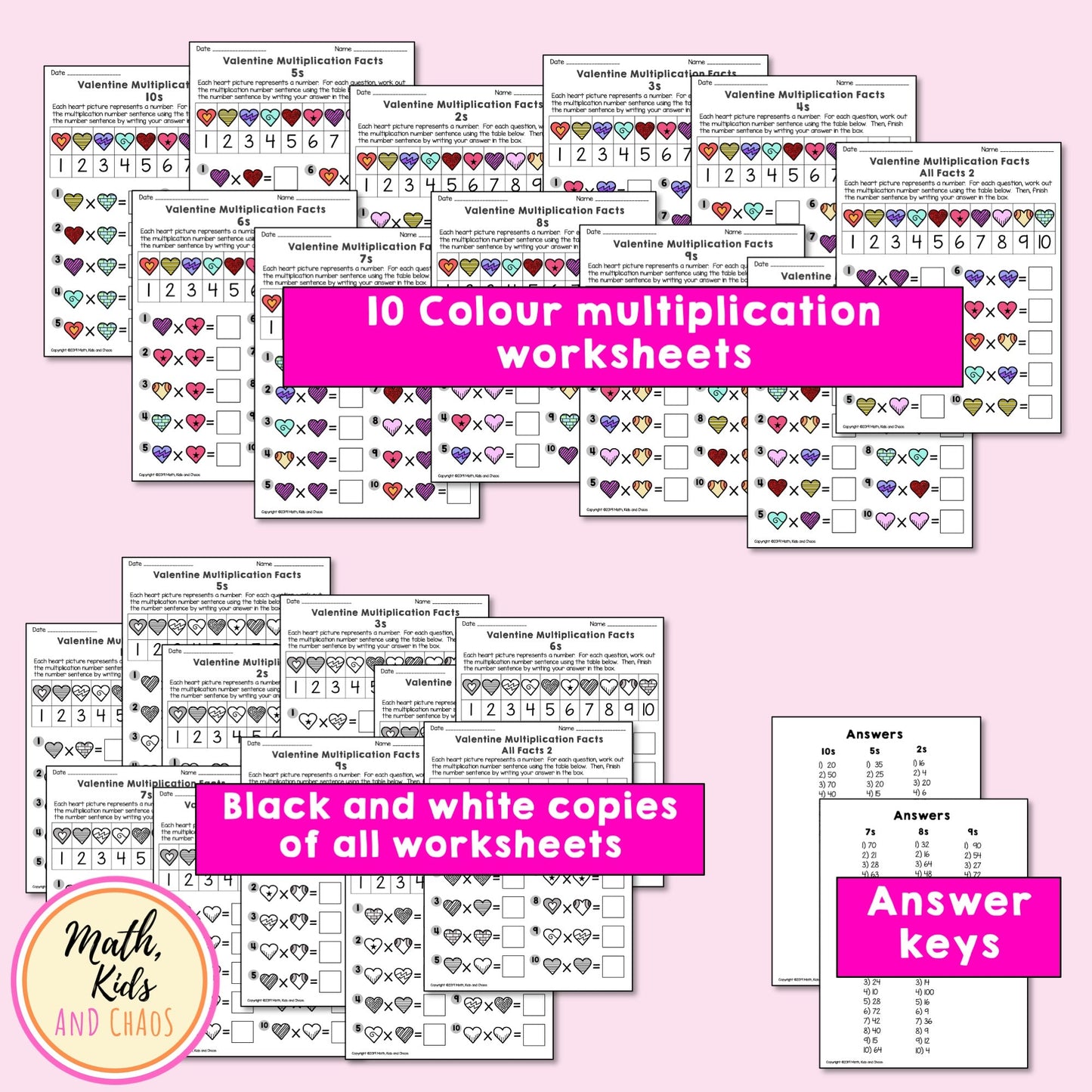 Valentine multiplication facts worksheets
